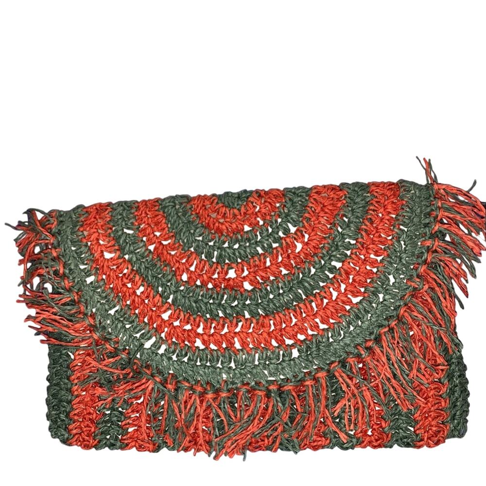 Universal Thread Crochet Fringe Clutch Boho Woven Foldover Bag Red Green‎